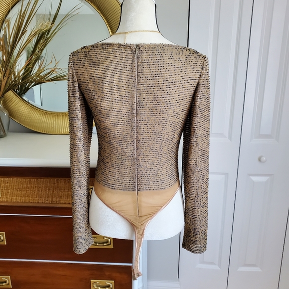 Sequin beaded long sleeve tan thong bodysuit - Picture 7 of 7
